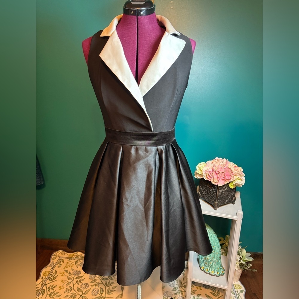 Betsy & Adam Black and White Fit and Flare Cocktail Homecoming Dress Elegant